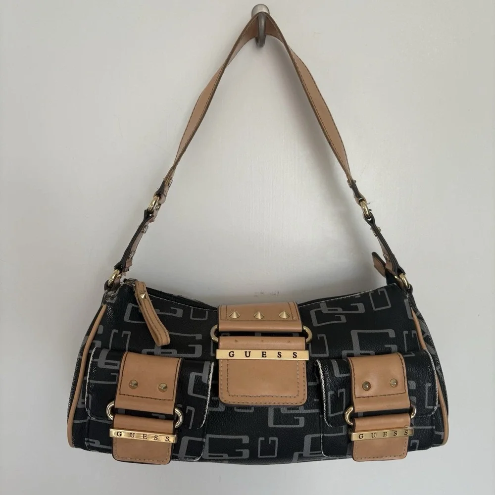 Guess Monogram Y2K 2000's Vintage Shoulder Handbag Purse Black Synthetic Leather
